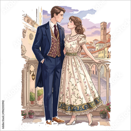 PrintA beautiful digital illustration of a young romantic couple dressed in elegant vintage 19th-century clothing. The man is wearing a formal blue tailcoat and waistcoat, while the woman wears a
