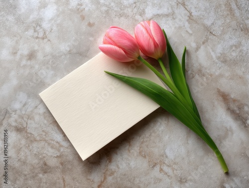 Elegant Pink Tulips Next to Blank Cream Note Card on Marble Surface for Floral and Stationery Backgrounds