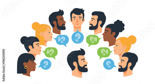Diverse Group Communication & Active Listening Illustration with Speech Bubbles