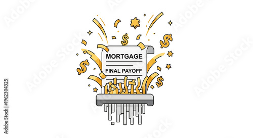 A vector graphic illustration of a mortgage final payoff with money and confetti