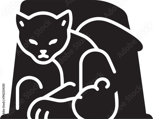 Black cat sitting isolated on transparent background, white outline vector illustration