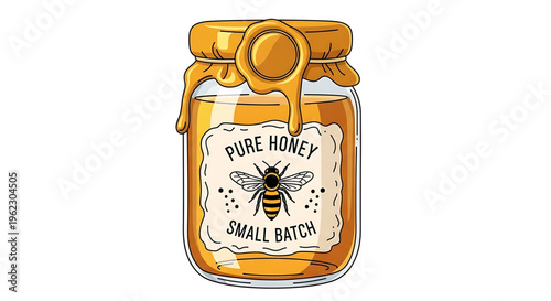 A vector graphic illustration of a glass jar of pure honey with a bee on the label