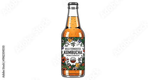 A colorful illustration of a glass bottle of wild fermented kombucha tea with a floral label