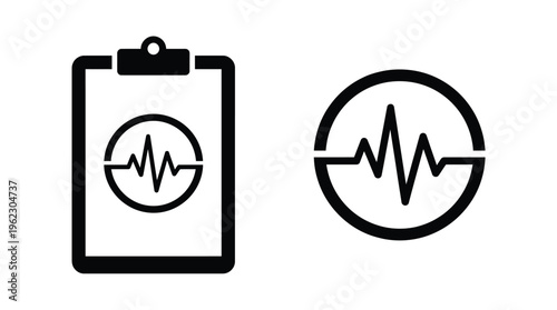 Medical icons depicting heart rate and clipboard a bold graphic silhouette