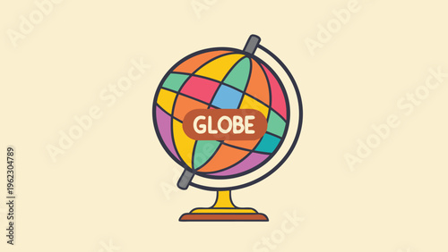 Colorful globe with 'globe' text, stylized world map illustration for global concepts or travel