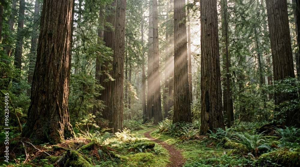 Fototapeta premium Sunlight streaming through the ancient trees of a lush, green forest, illuminating a winding path