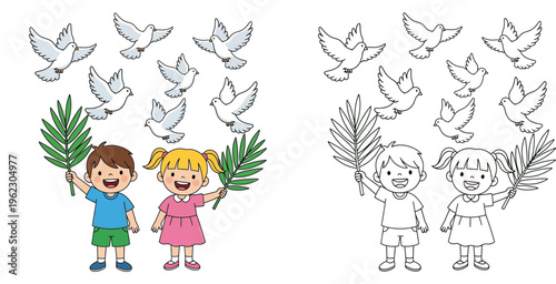 Happy Children with Palm Branches and Flying Doves - Symbols of Peace and Palm Sunday