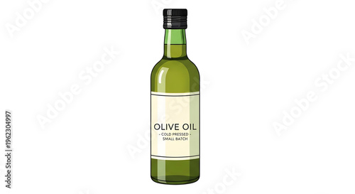 A vector graphic illustration of a green glass bottle of cold pressed olive oil with a black cap and cream label on a white background