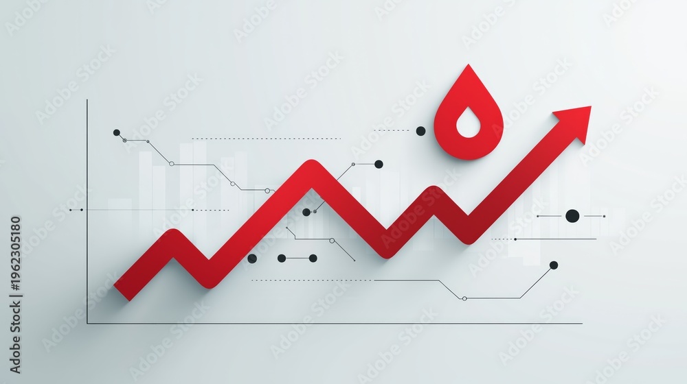 Obraz premium Red fuel drop icon with an upward arrow on white background, symbolizing rising fuel prices, energy costs, and economic impact. Clean minimal design.