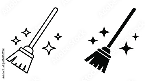 Two black brooms with sparkling star sweeping upward