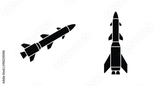 Two black missile icons in differing orientations a stark silhouette