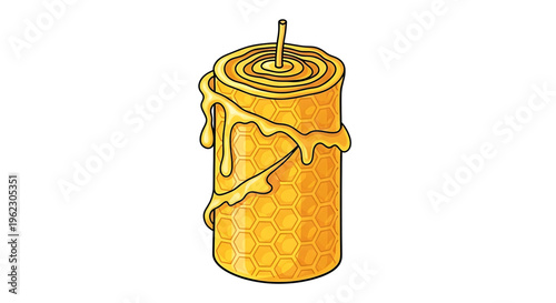 A vector graphic illustration of a honeycomb candle with melted honey dripping down