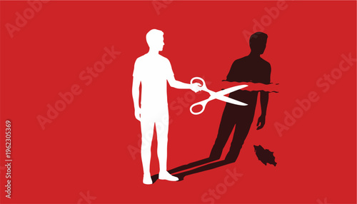 Self Identity Breakthrough Concept with Person Cutting Their Own Shadow Symbolizing Debt Freedom and Personal Reinvention Illustration