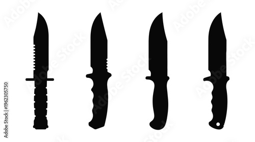 Four different combat knives displayed in a stark black silhouette