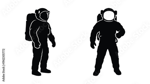 Two astronauts in space suits depicted in a striking black silhouette