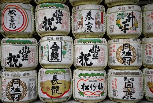 Display of traditional Yoshino cedar handcrafted, Saké barrels of the Komodaru culture at the Higashimuki shopping street in Nara, Kansai Japan.