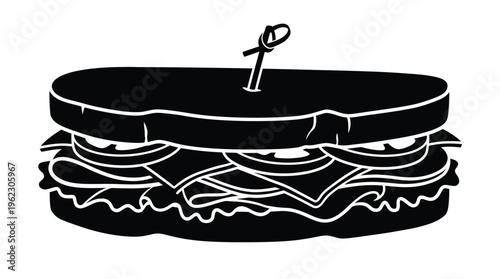 A detailed black silhouette of a stacked sandwich with a toothpick
