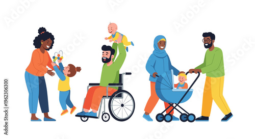 Diverse Families Illustration: Happy Parents and Children with Different Backgrounds & Abilities