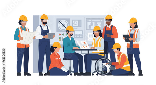 Diverse Industrial & Engineering Team Collaborating on Project Plans with Blueprints and Digital Tools, Emphasizing Safety, Inclusion, and Innovation.