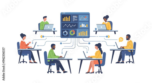Diverse Global Team Collaborating on Data Analysis and Business Intelligence Dashboard - Modern Digital Workflow and Centralized Information Management