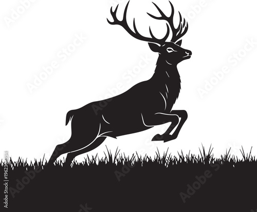 Black silhouette of a running deer with antlers on grass isolated on white background