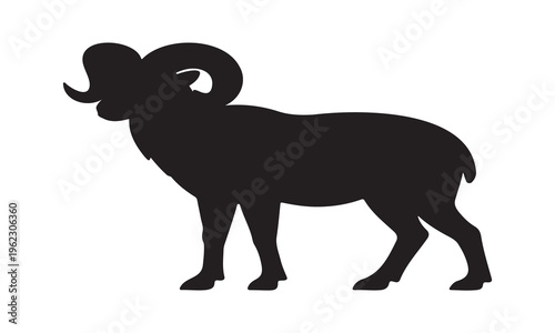 Minimalist black silhouette of a ram (male sheep) with large curved horns, side profile, standing pose. Solid black shape with smooth contours and subtle fur outline, no internal details, high contras