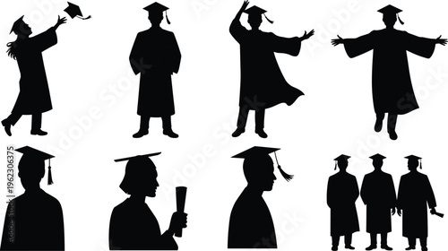 Graduation silhouettes set featuring students in academic gowns and caps celebrating with diplomas isolated on white background for education design.v