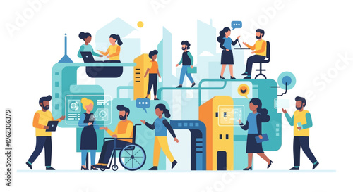 Diverse Team Collaboration in Digital Workplace. People Working with Modern Technology, Data Flow & Connectivity. Business Innovation & Inclusion.