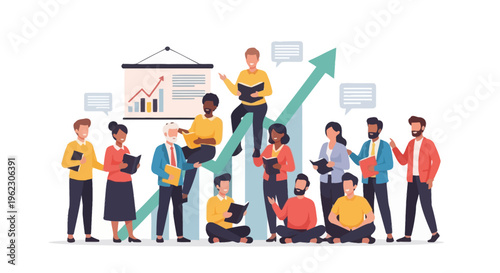 Diverse Business Team Collaborating on Growth Strategy, Learning & Development with Presentation and Upward Trend