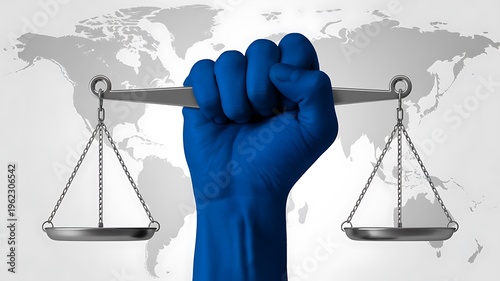 Blue clenched fist holding balance scales over a world map
