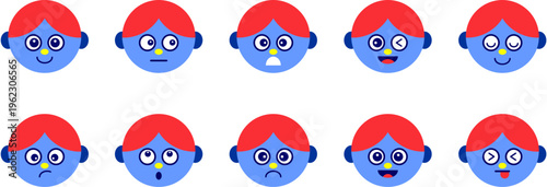 Blue character eCartoon People Characters Set with Various Facial Expressions, Emotions and Poses, Diverse Cute Avatars Collection for Animation, Social Media, Stickers, UI Design, Illxpressions 10...