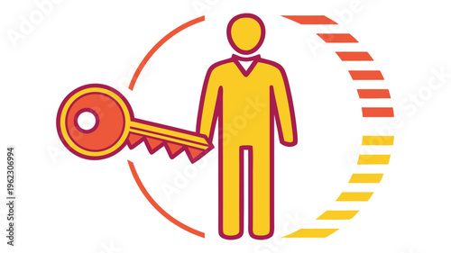 Person icon with a large key on the left, representing access, solutions, or unlocking potential. abstract graphic concept