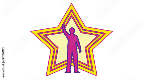 Person silhouette raising hand in front of star graphic, symbol of success, flat design