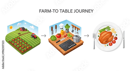A vector graphic illustrating the farm-to-table journey with a farm, kitchen, and prepared meal