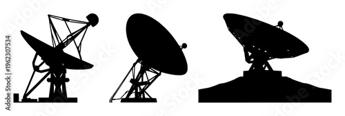 Satellite dish array set with solid black silhouette geometric sharp profile featuring connectivity, data transmission, antennas with global reach and technology