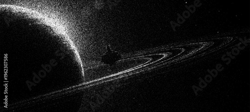 Space stipple background with ringed planet. Abstract vector illustration of celestial body in dark cosmos. Dotted astronomical texture for galaxy theme graphic design element.