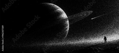 Astronaut walking on alien planet surface overlooking giant ringed planet. Space vector stipple illustration with black and white dotted art style. Cosmic exploration concept.