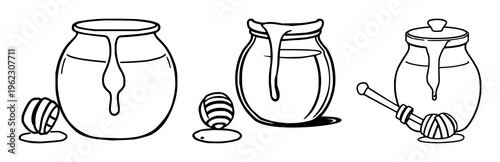 Honey pot and dipper icon set with simple line art design featuring line art, illustrations, graphic resources with vector and design elements