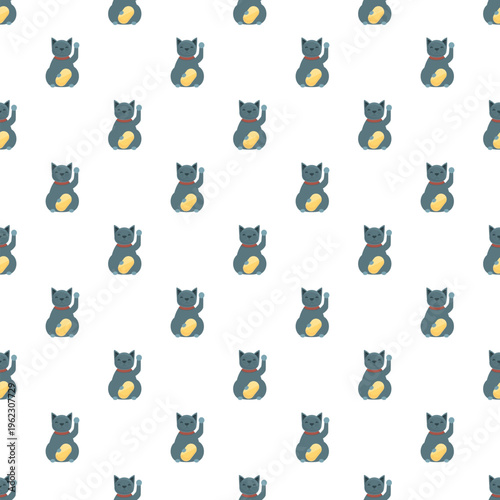 Maneki neko cats with a gold oval representing good fortune, forming a seamless tiled pattern