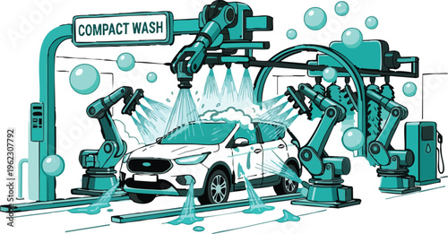 Web Automated compact car wash system with SUV, robotic spray arms, soap foam, and high-pressure water jets, hand-drawn vector illustration isolated on white.