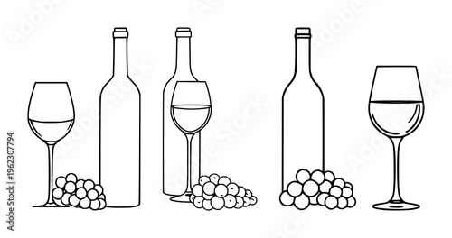 Minimalist one-line drawing of a wine bottle, a stemware glass, and a small cluster of grapes on a plain white background. The composition uses a continuous thin black stroke to define the silhouet...
