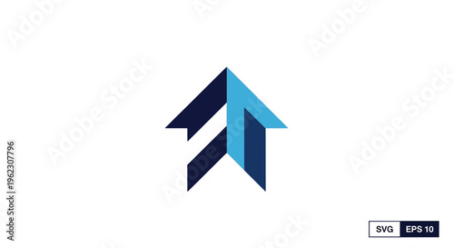 A stylized blue arrow logo ascends upwards in a graphic illustration.