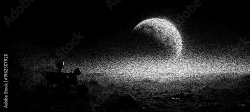 Mars rover scouting planetary landscape under crescent planet. Space exploration concept with stipple vector art style. Cosmic scene with rover on rocky terrain for galaxy theme.