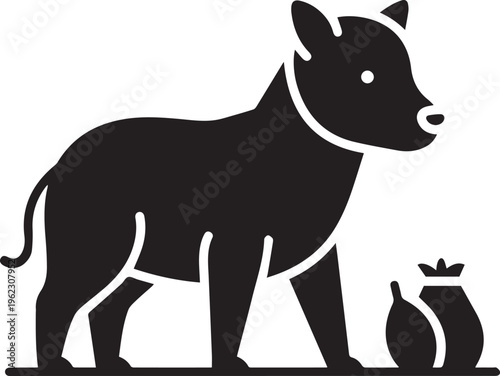 Black dog standing next to two jugs isolated on white background