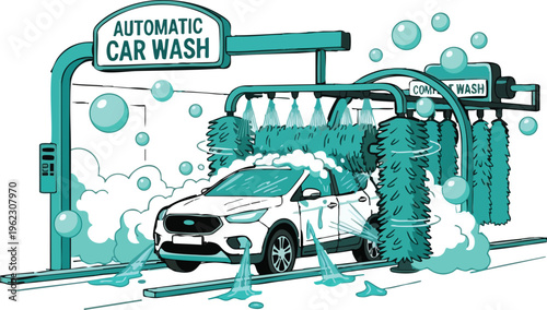 Web Automatic drive-thru car wash with SUV, rotating soft brushes, soap foam suds, and water spray jets, hand-drawn vector illustration isolated on white.