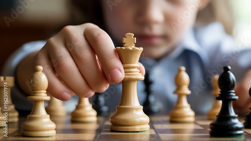 Childs hand moves a white king chess piece on a chessboard during a game, focus on strategy