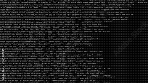 Abstract digital glitch background with computer code and system error text. Matrix style data stream with technical failure reports and corrupted information flow for cyber concept.