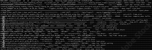 Digital glitch code display with technical error messages and corrupted system data streams. Abstract information technology background with binary patterns for software development concept.
