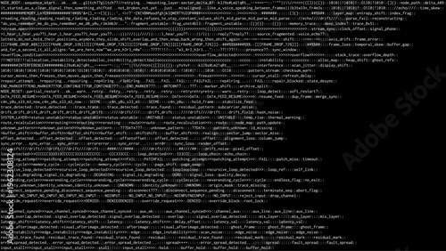 Computer screen displaying complex system error logs and glitching code text. Vector graphics showing recursive loops and digital data corruption. Cyber security threat analysis.
