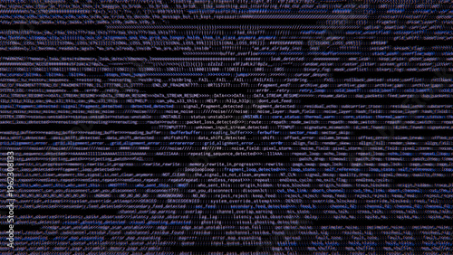 Glitch digital background with corrupted server data and system error code. Abstract technology texture for cyber security concept. Infographic vector graphic design element.